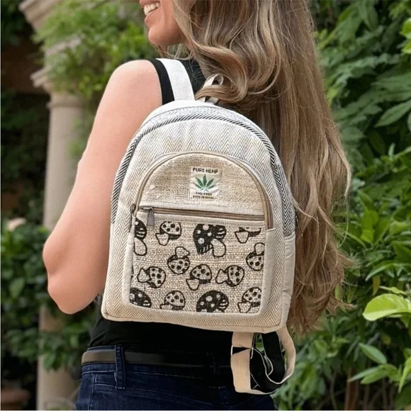 Mini Hemp Mushroom Backpack - 10" Handmade Cotton and Hemp Boho Bag from Nepal - Picture 7 of 11